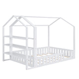 Full Size Wood House Bed with Fence and Detachable Storage Shelves, White