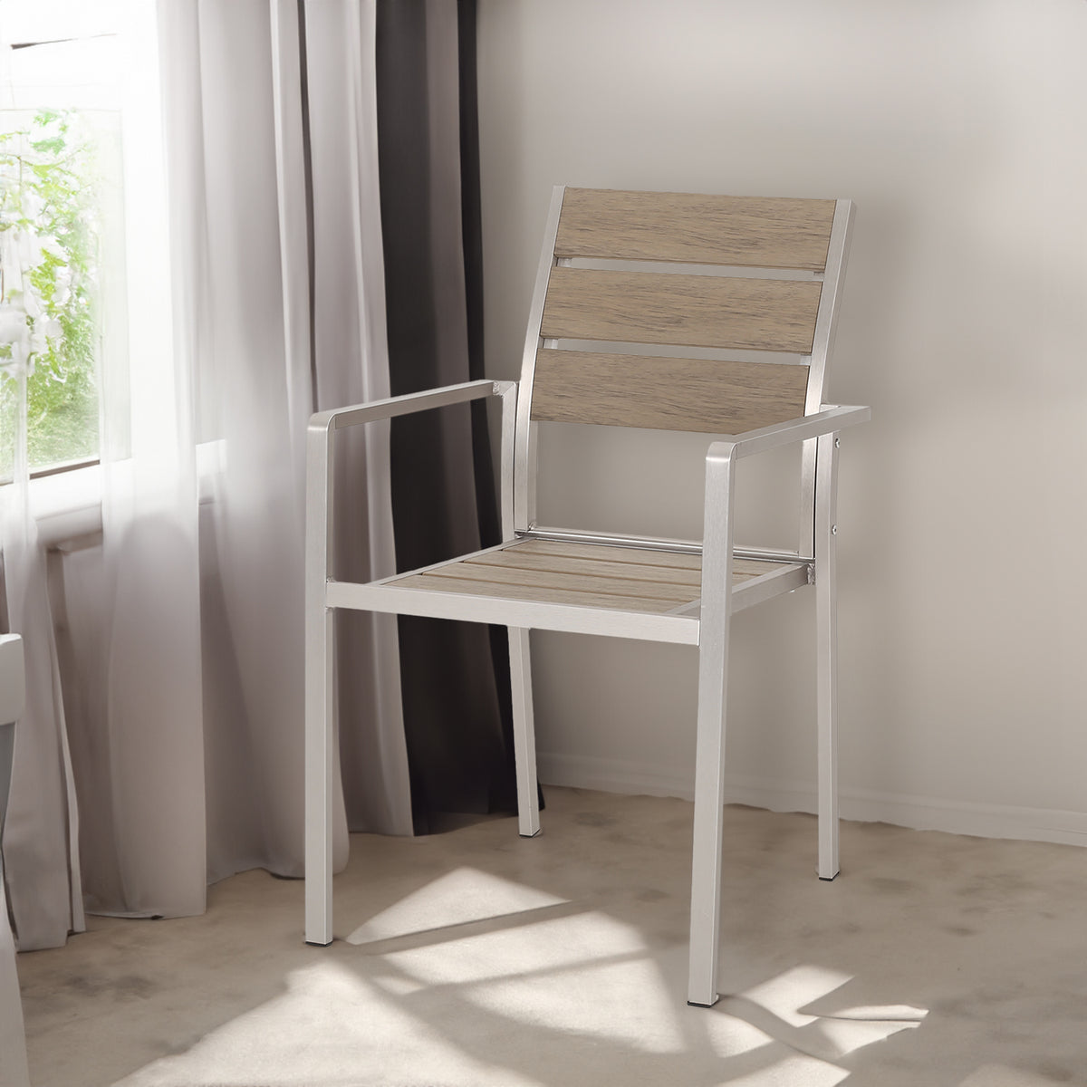 Outdoor Modern Aluminum Dining Chair with Faux Wood Seat (Set of 2), Natural and Silver - V.I.P Digital Presence