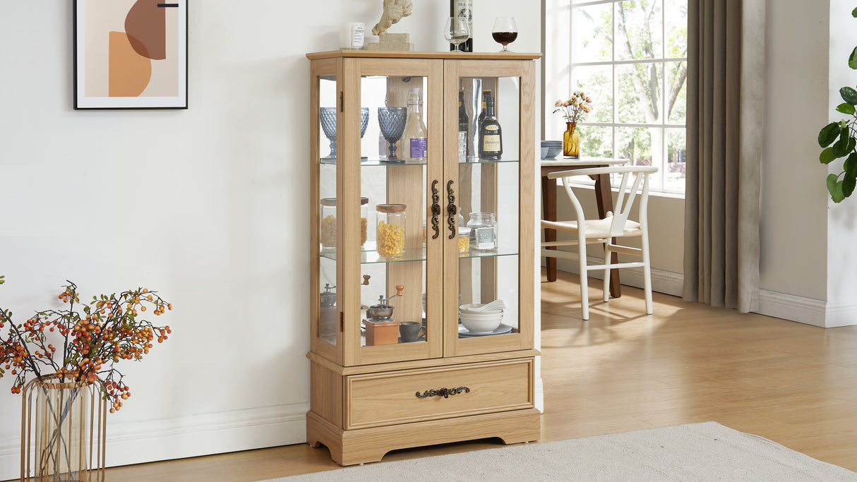 Light colored glass cabinet with adjustable glass frame, including cabinet light bulbs OAK with 2 doors and 1 drawer - V.I.P Digital Presence