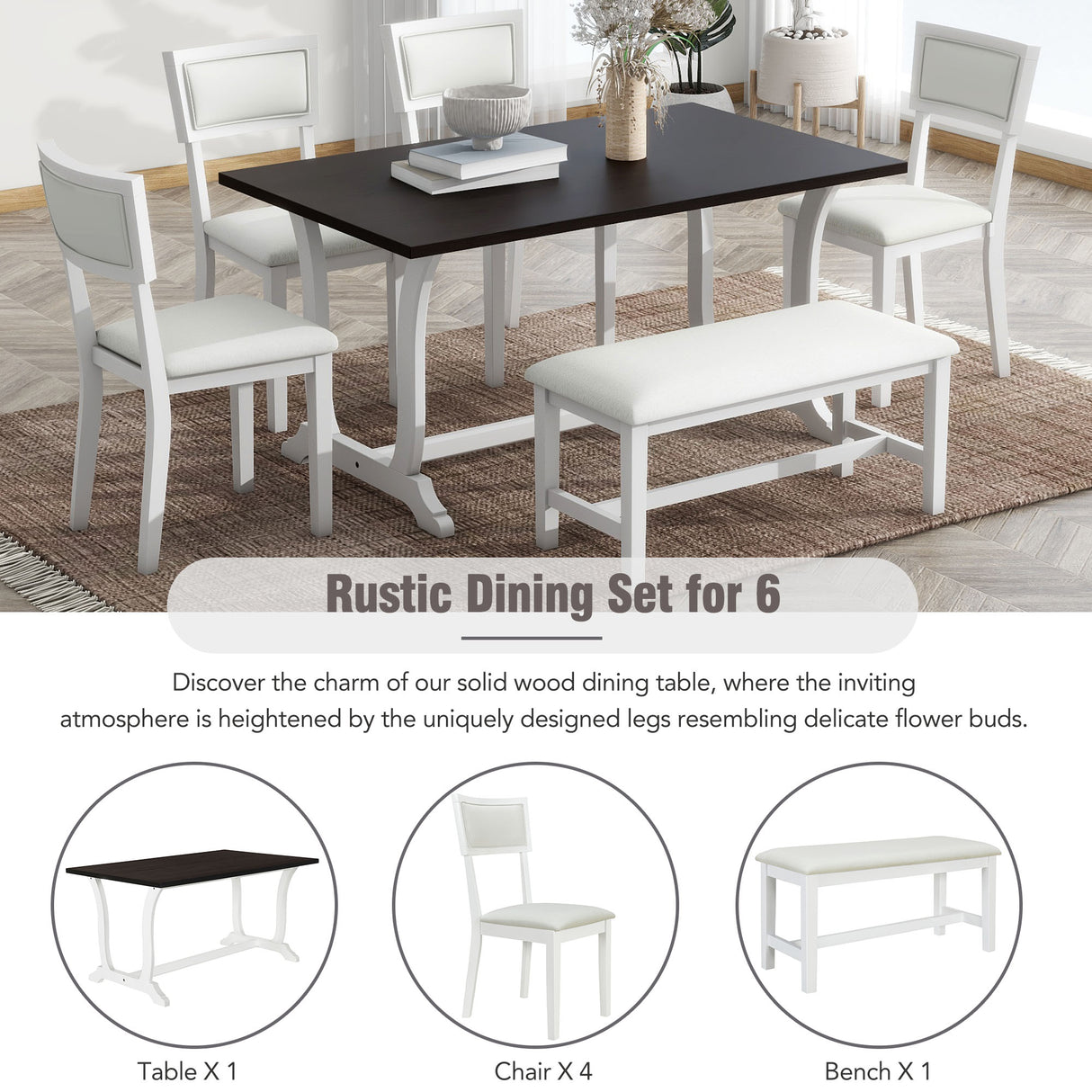 TOPMAX Farmhouse 6-Piece Trestle Dining Table Set with Upholstered Dining Chairs and Bench  59inch, White
