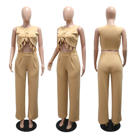 Round Neck Casual Sleeveless Sexy Top with Slim Long Pants Two-Piece Women's Set - V.I.P Digital Presence