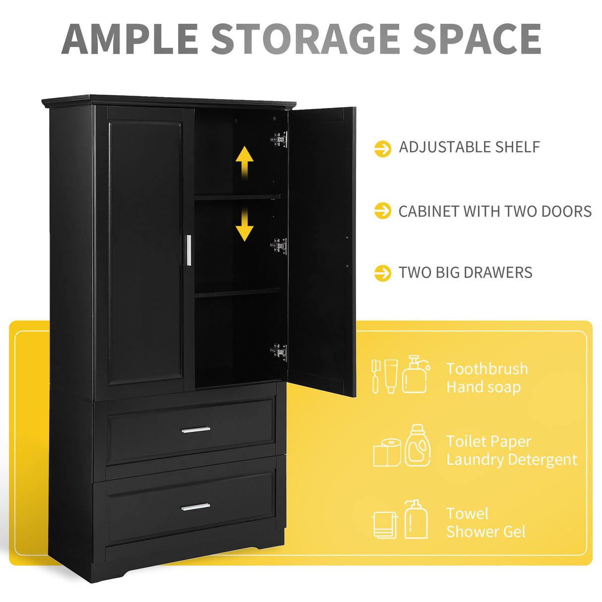Tall Bathroom Storage Cabinet, Cabinet with Two Doors and Drawers, Adjustable Shelf, MDF Board, Black - V.I.P Digital Presence