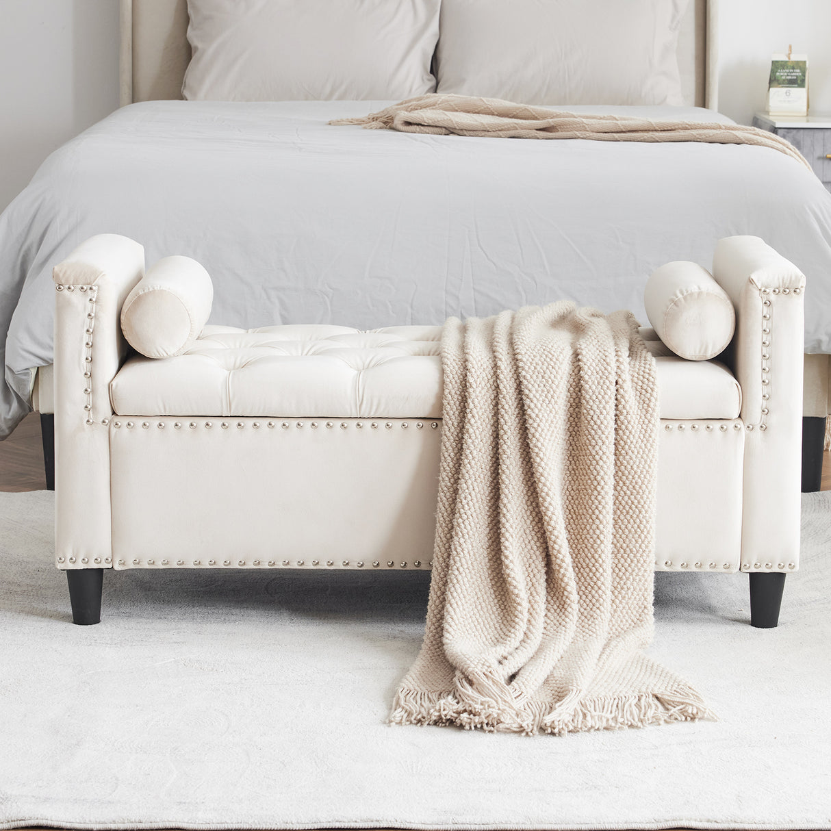 Storage Bench, 44.5-Inch Queen Velvet Button Bedside Bench, Entryway Living Room with Armrests, Nailhead Trim Cream White - V.I.P Digital Presence