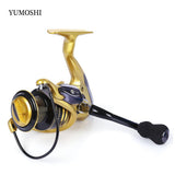 Carrete de pesca giratorio YUMOSHI 13+1BB de metal, relación de transmisión 4,7:1/5,5:1, carrete de aluminio con mango plegable