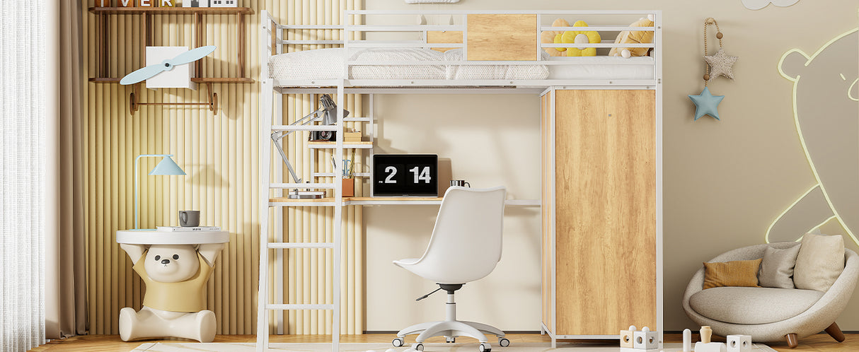 Twin Size Loft bed with L-shape Desk and Wardrobe, White - V.I.P Digital Presence