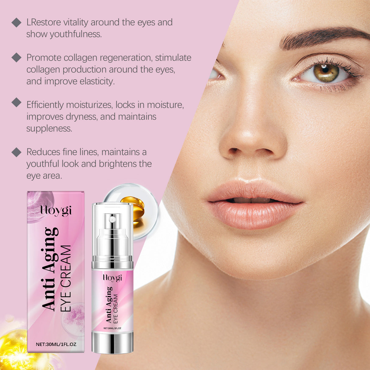 Crema para ojos suave, delicada, hidratante, iluminadora, reafirmante y masajeadora.