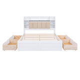 Wood Queen Size Platform Bed with Storage Headboard  Shelves and 4 Drawers  White