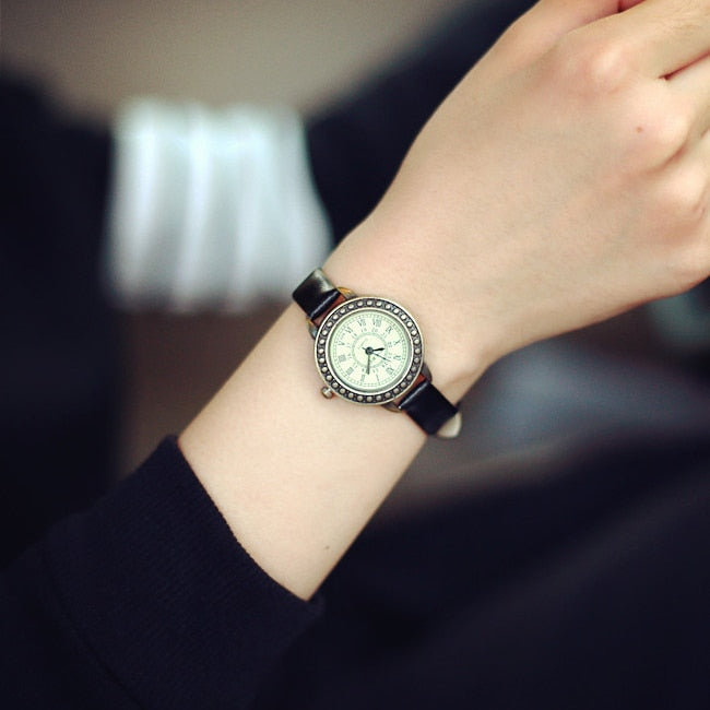 Ladies designer vintage leather women bracelet watches brown retro roma quartz woman clock fashion small female wristwatches - V.I.P Digital Presence