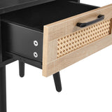 15.75" Rattan End table with drawer and solid wood legs Modern nightstand side table for living room black - V.I.P Digital Presence