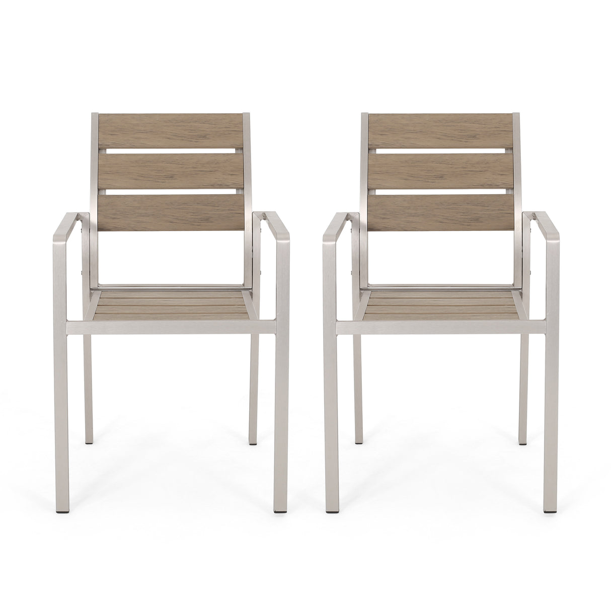 Outdoor Modern Aluminum Dining Chair with Faux Wood Seat (Set of 2), Natural and Silver - V.I.P Digital Presence