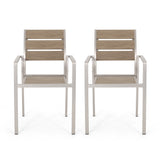 Outdoor Modern Aluminum Dining Chair with Faux Wood Seat (Set of 2), Natural and Silver - V.I.P Digital Presence