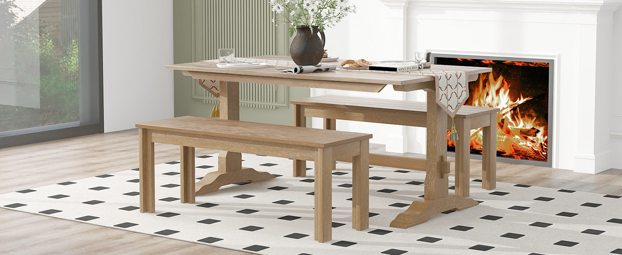 TREXM 3-piece retro dining table, rectangular stand table, and 2 4-person wooden stools (made of natural wood) - V.I.P Digital Presence