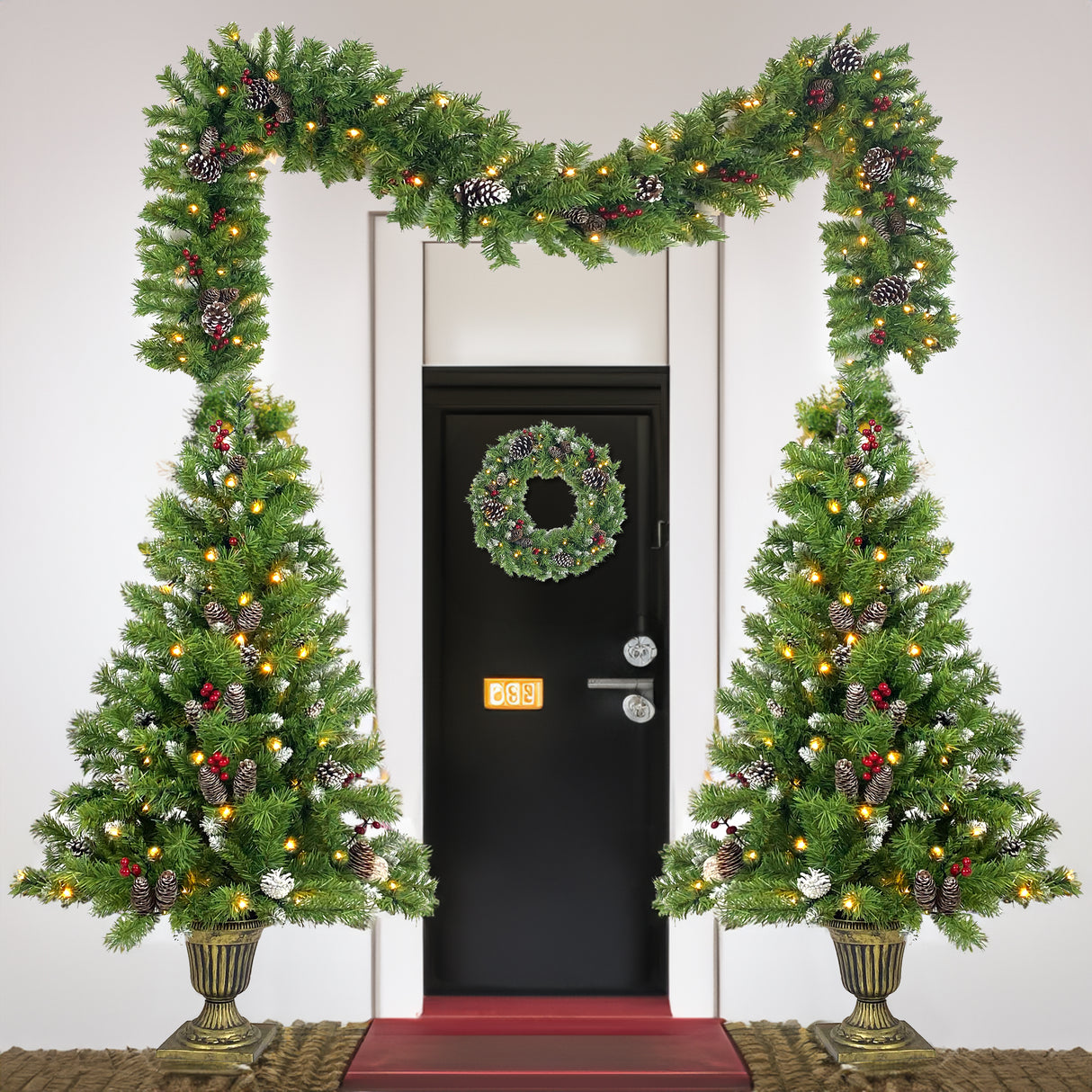 Christmas Tree Artificial Christmas 4-piece Set, including flower wreath, flower wreath, and 2 entrance trees, with LED lights - V.I.P Digital Presence