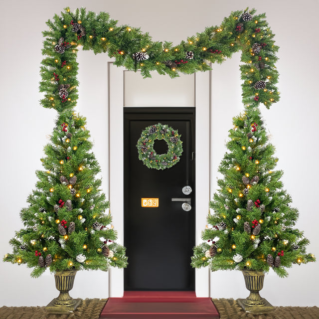 Christmas Tree Artificial Christmas 4-piece Set, including flower wreath, flower wreath, and 2 entrance trees, with LED lights - V.I.P Digital Presence