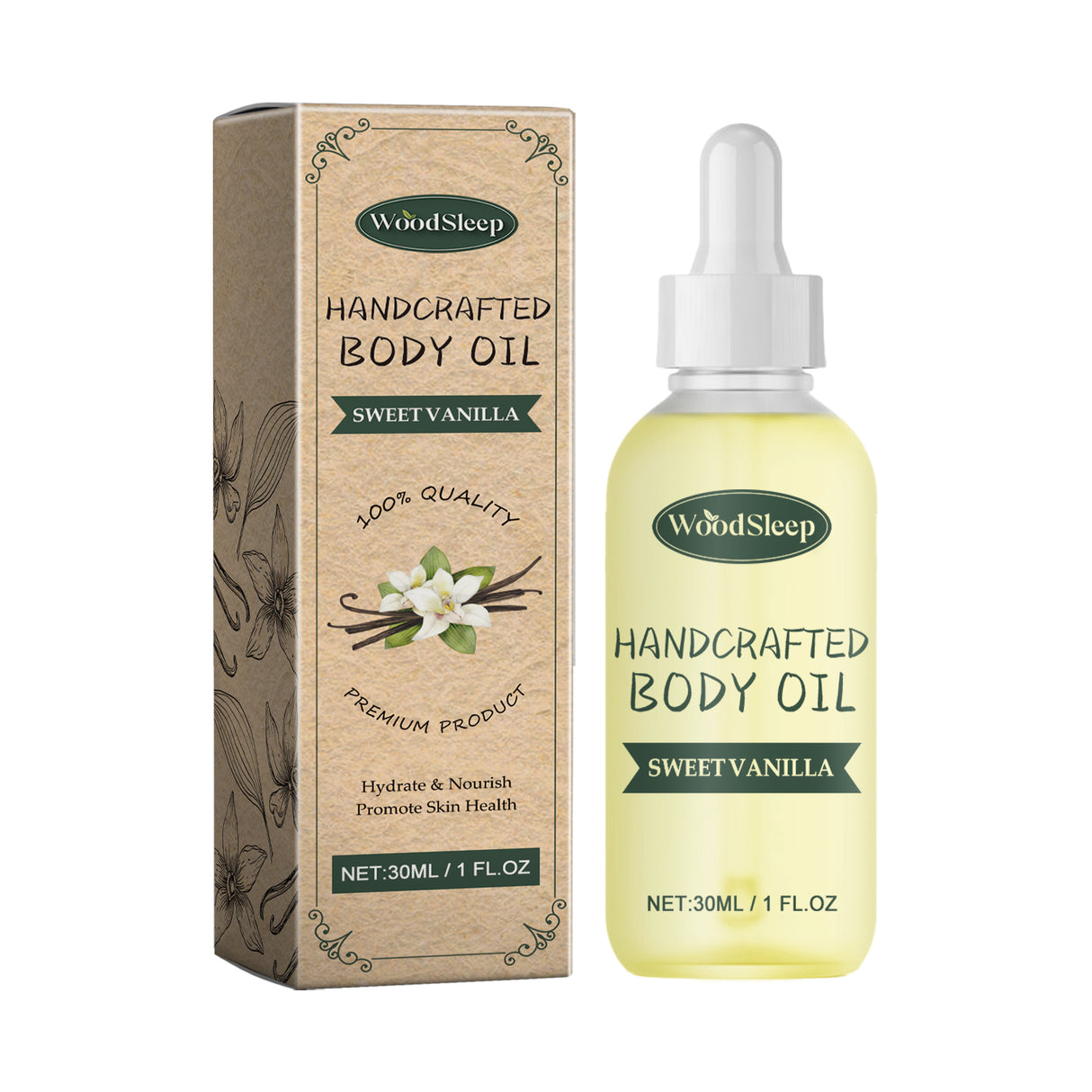 Aceite corporal artesanal de vainilla dulce, repara la barrera cutánea y alivia la sequedad, el picor y el enrojecimiento. Aceite esencial hidratante y humectante.