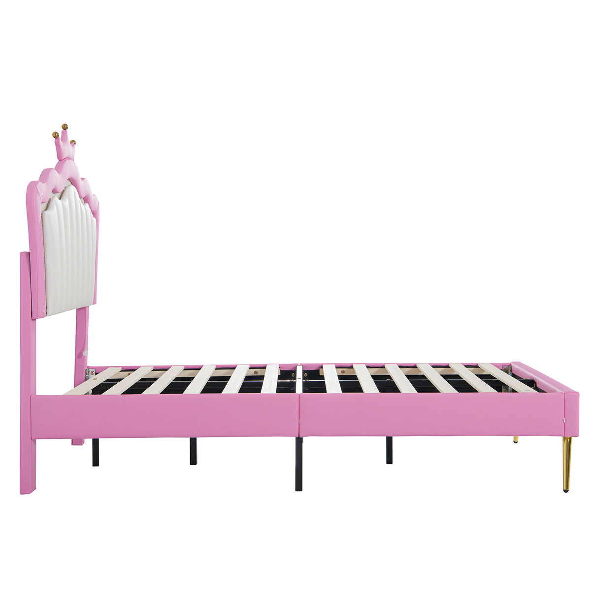 Twin Size Upholstered Bed Frame with LED Lights, Modern Upholstered Princess Bed with Crown Headboard, Pink+White - V.I.P Digital Presence