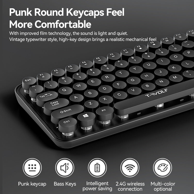 T-WOLF Thunder Wolf TF350 Wireless Keyboard and Mouse Set for Girls, Colorful Punk Retro Mouth Red Round Key Cap - V.I.P Digital Presence