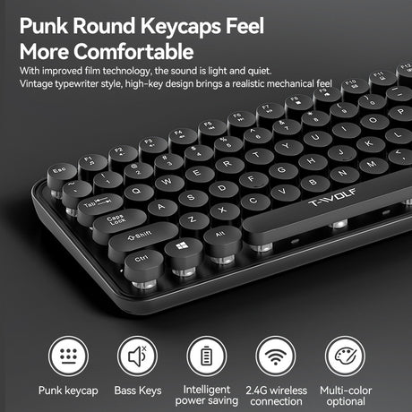 T-WOLF Thunder Wolf TF350 Wireless Keyboard and Mouse Set for Girls, Colorful Punk Retro Mouth Red Round Key Cap - V.I.P Digital Presence