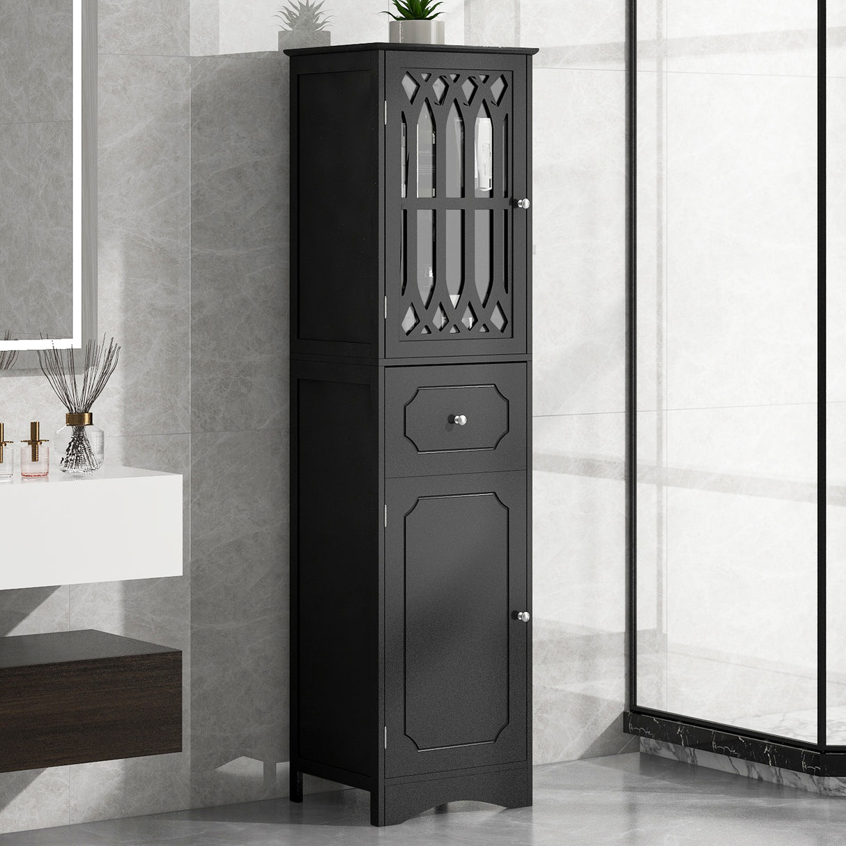 Tall Bathroom Cabinet, Freestanding Storage Cabinet with Drawer and Doors, MDF Board, Acrylic Door, Adjustable Shelf, Black - V.I.P Digital Presence