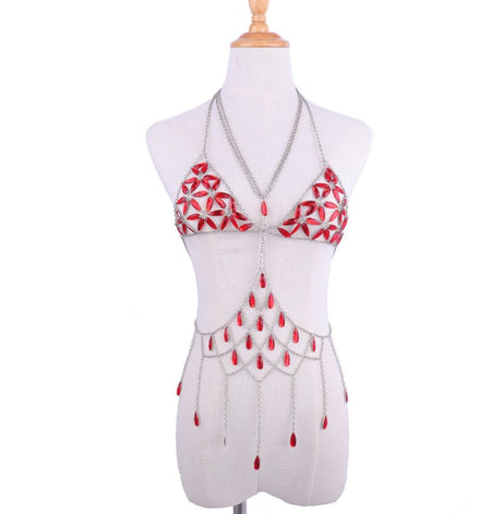 Queen Bling Metal Tassel Details Tank Tops Festival Rave Clothing Summer Sexy Backless Rave Body Chain Beach Tops - V.I.P Digital Presence