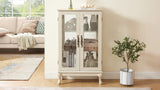 Dual door Curio cabinet with tempered glass door mirror back panel and adjustable shelf display cabinet with light bulbs, white - V.I.P Digital Presence