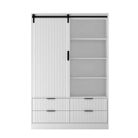Tall Bedroom Armoire Wardrobe Closet Clothing Storage Cabinet with Hanging Rod Barn Door Drawers Open Shelves,White - V.I.P Digital Presence