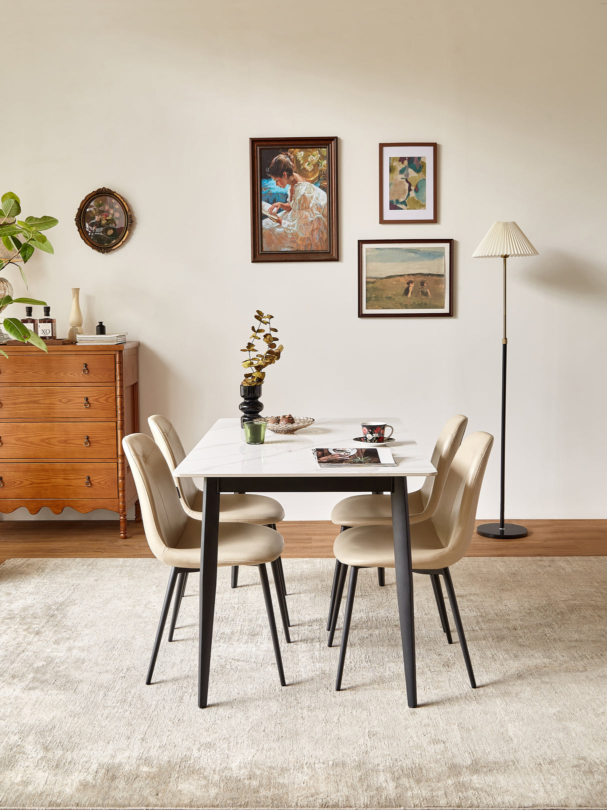 A set of 2 high back dining chairs with PU artificial leather soft cushions and metal legs, decorated with large soft cushions - V.I.P Digital Presence