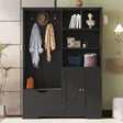 Multi-functional Hall Tree with Storage Shelves Drawers and Cabinet, Elegant Hallway Shoe Cabinet with Bench Modern Black - V.I.P Digital Presence