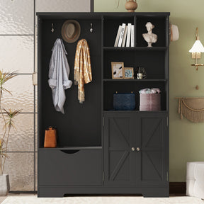Multi-functional Hall Tree with Storage Shelves Drawers and Cabinet, Elegant Hallway Shoe Cabinet with Bench Modern Black - V.I.P Digital Presence