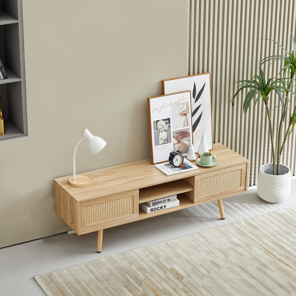55.12" Rattan TV cabinet double sliding doors for storage adjustable shelf solid wood legs TV console for living room natural - V.I.P Digital Presence