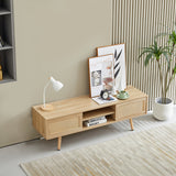 55.12" Rattan TV cabinet double sliding doors for storage adjustable shelf solid wood legs TV console for living room natural - V.I.P Digital Presence