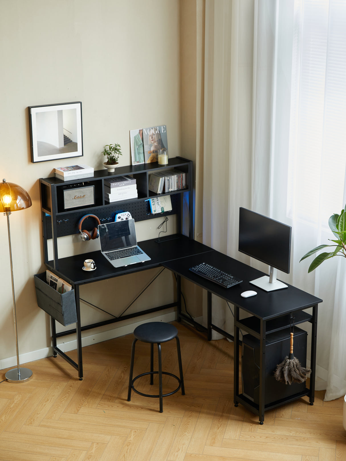 94.5 Inch Home Office Desk L shape gaming desk with LED storage Shelves METAL PANNEL and stool (BLACK) - V.I.P Digital Presence