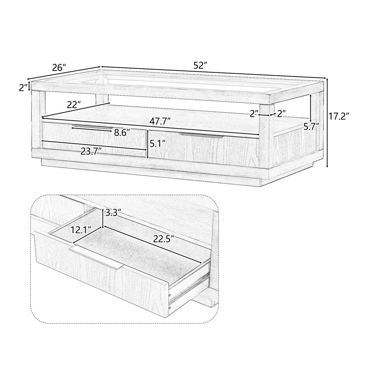 U-Can modern wooden coffee table with 2 drawers and minimalist display coffee table with transparent tempered glass - V.I.P Digital Presence