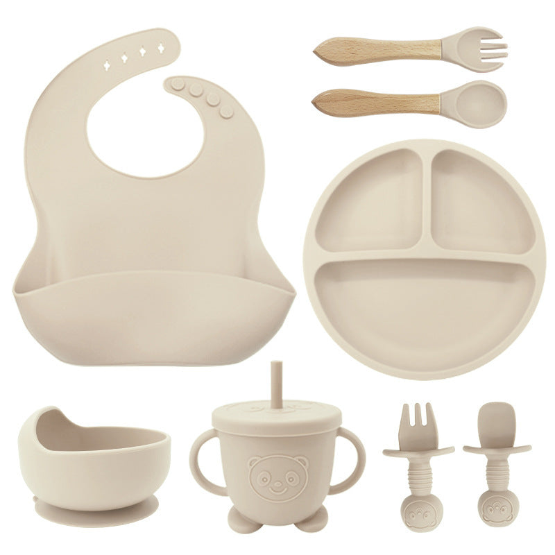 8PCS Mother and baby silicone bibs, silicone dinner plates, eight-piece set, baby food training suction cup bowl, baby divided tableware set - V.I.P Digital Presence