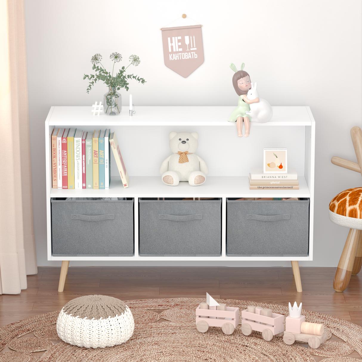 Kids bookcase with Collapsible Fabric Drawers Children's Book Display Toy Storage Cabinet Organizer White/Gray - V.I.P Digital Presence