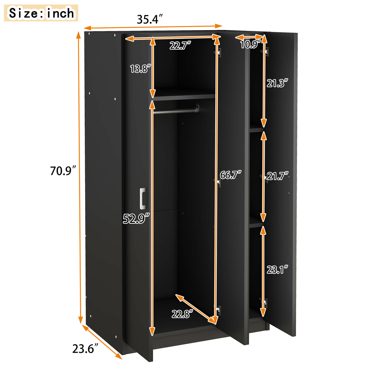 3 Door Wardrobe with Mirror, Armoire with Hanging Rod and 3 Fixed Shelves,Black - V.I.P Digital Presence