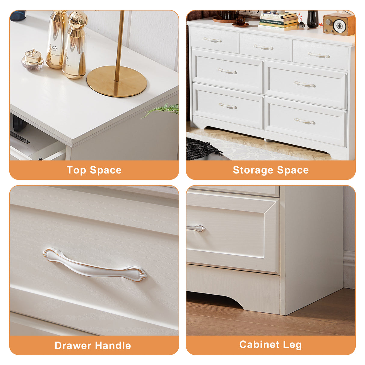 Modern 3 Drawer Bedroom Chest of Drawers with 7 Drawers Dresser Clothes Organizer -Metal Pulls White, 47.6″L x 15.7″W x 26.6″H - V.I.P Digital Presence