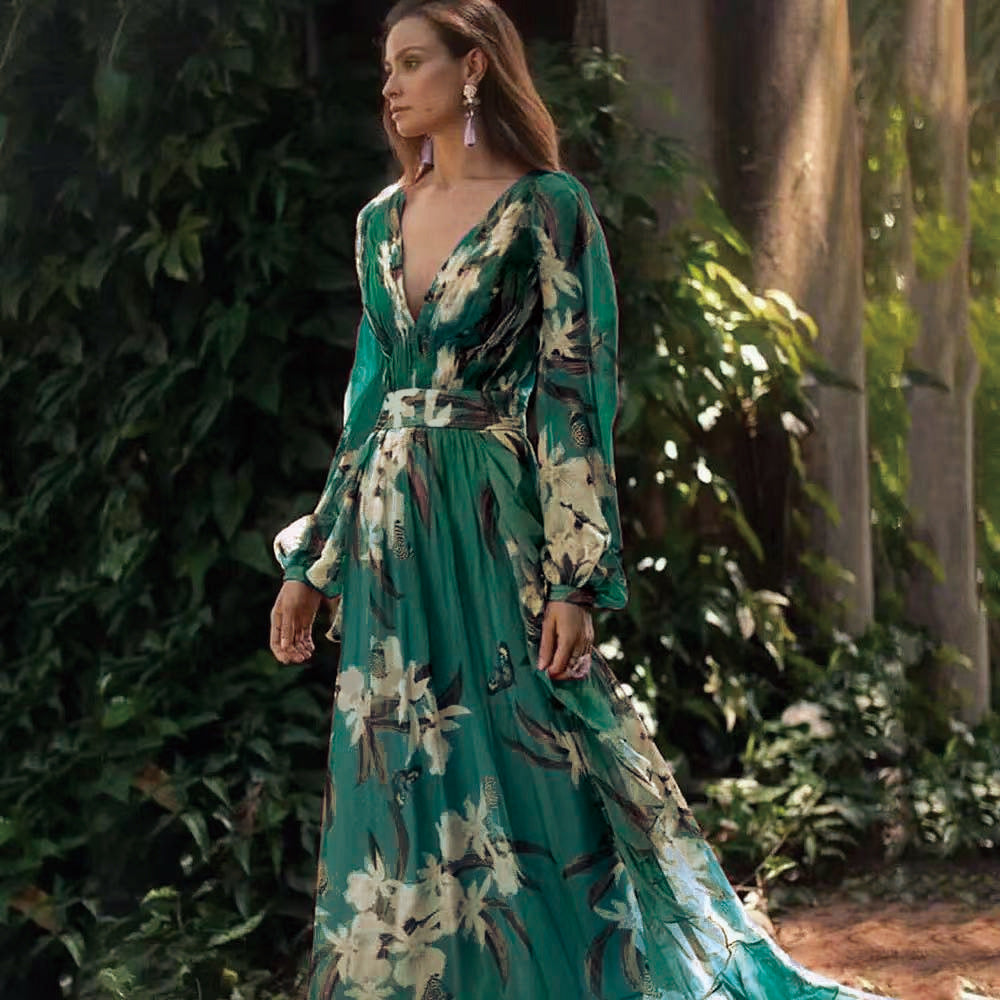 Winter New  Style V-Neck Long Sleeve Four-Way Stretch Printed Flared Dress - V.I.P Digital Presence