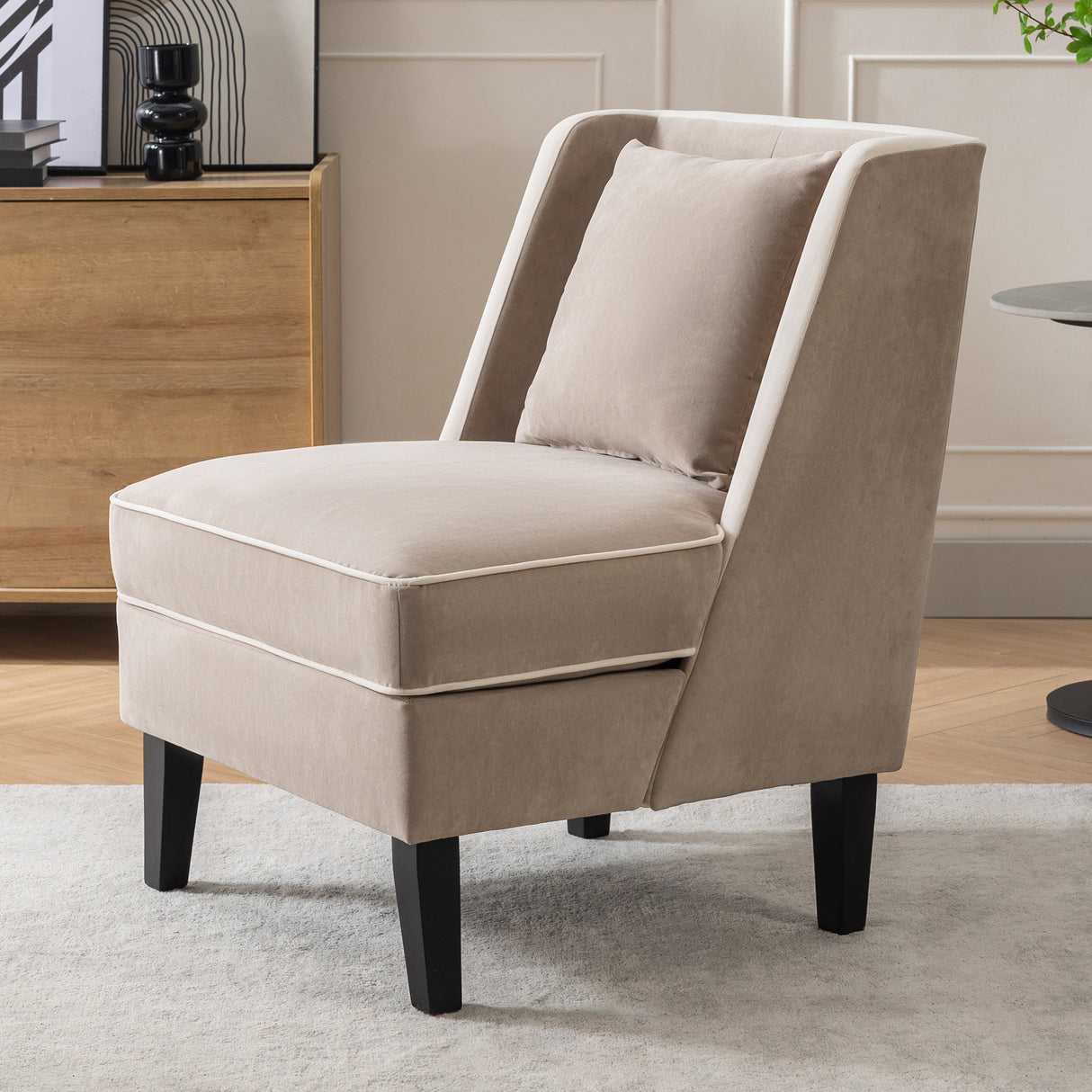 Velvet Upholstered Accent Chair with Cream Piping, Tan and Cream - V.I.P Digital Presence