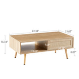 41.34" Rattan Coffee table sliding door for storage solid wood legs Modern table for living room  natural - V.I.P Digital Presence
