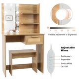 Vanity Desk Set Stool & Dressing Table with LED Lighting Mirror Drawer and Wood Cosmetic Table Chest of Drawers Nature Color - V.I.P Digital Presence