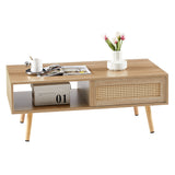 41.34" Rattan Coffee table sliding door for storage solid wood legs Modern table for living room  natural - V.I.P Digital Presence