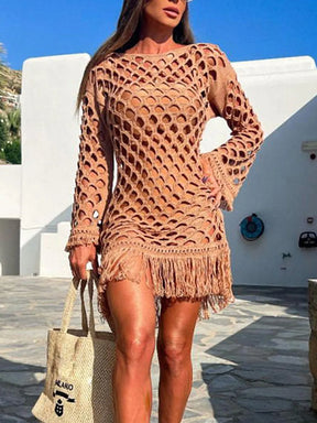 Fringe Cutout Long Sleeve Cover Up - V.I.P Digital Presence