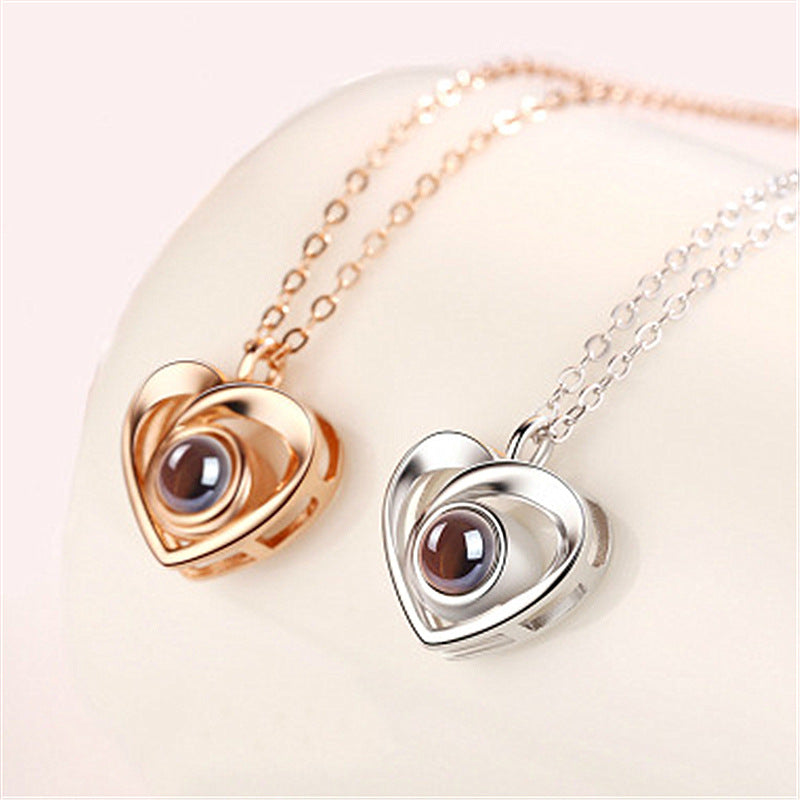 Silver Love Heart shaped Projection Pendant Necklace in 100 Languages, I Love You Projection Pendant Clavicle Chain - V.I.P Digital Presence