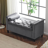 Storage Bench, 44.5-Inch Queen Velvet Button Bedside Bench, Entryway Living Room with Armrests, Nailhead Trim Gray - V.I.P Digital Presence