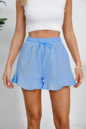 Women's cotton and linen shorts with ruffled edges and drawstring casual pants for women - V.I.P Digital Presence