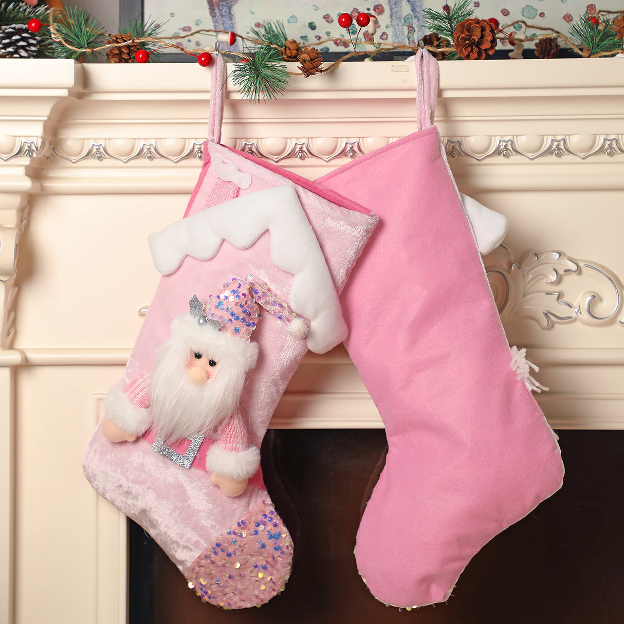 Christmas decoration, pink sequins, children's cartoon roof, Santa Claus, Christmas socks, gifts, decorative items - V.I.P Digital Presence
