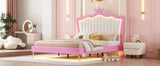 Full Size Upholstered Bed Frame with LED Lights, Modern Upholstered Princess Bed with Crown Headboard, Pink+White - V.I.P Digital Presence