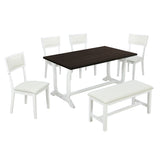 TOPMAX Farmhouse 6-Piece Trestle Dining Table Set with Upholstered Dining Chairs and Bench  59inch, White