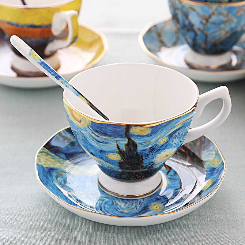 British Luxe Saucer and Spoon Afternoon Tea Cup with Van Gogh Oil Painting Design, Bone China Coffee Cup, Creative Souvenir Ceramic Mug - V.I.P Digital Presence